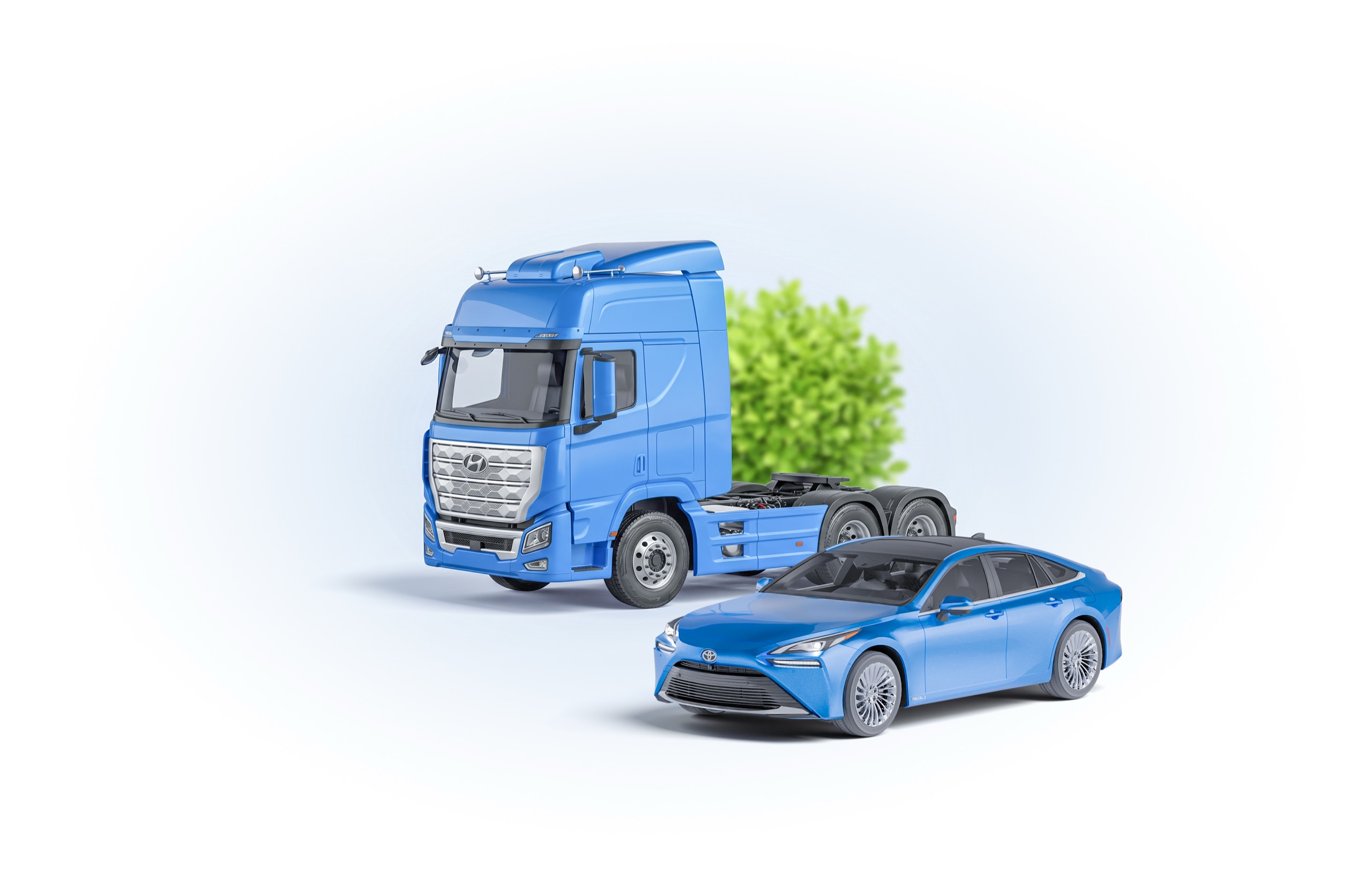 A hydrogen semi truck, delivery truck, and passenger car