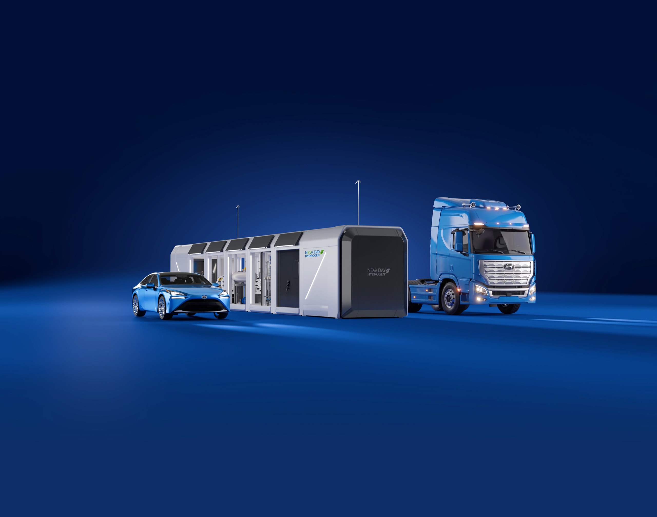 A hydrogen truck and car at a HubStarter fueling station