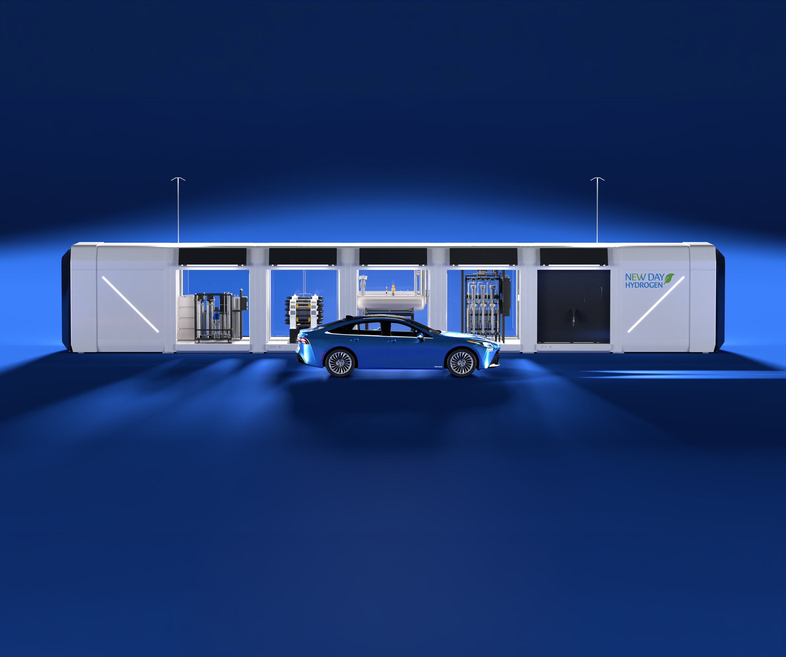Rendering of a New Day Hydrogen HubStarter fueling station with a hydrogen car