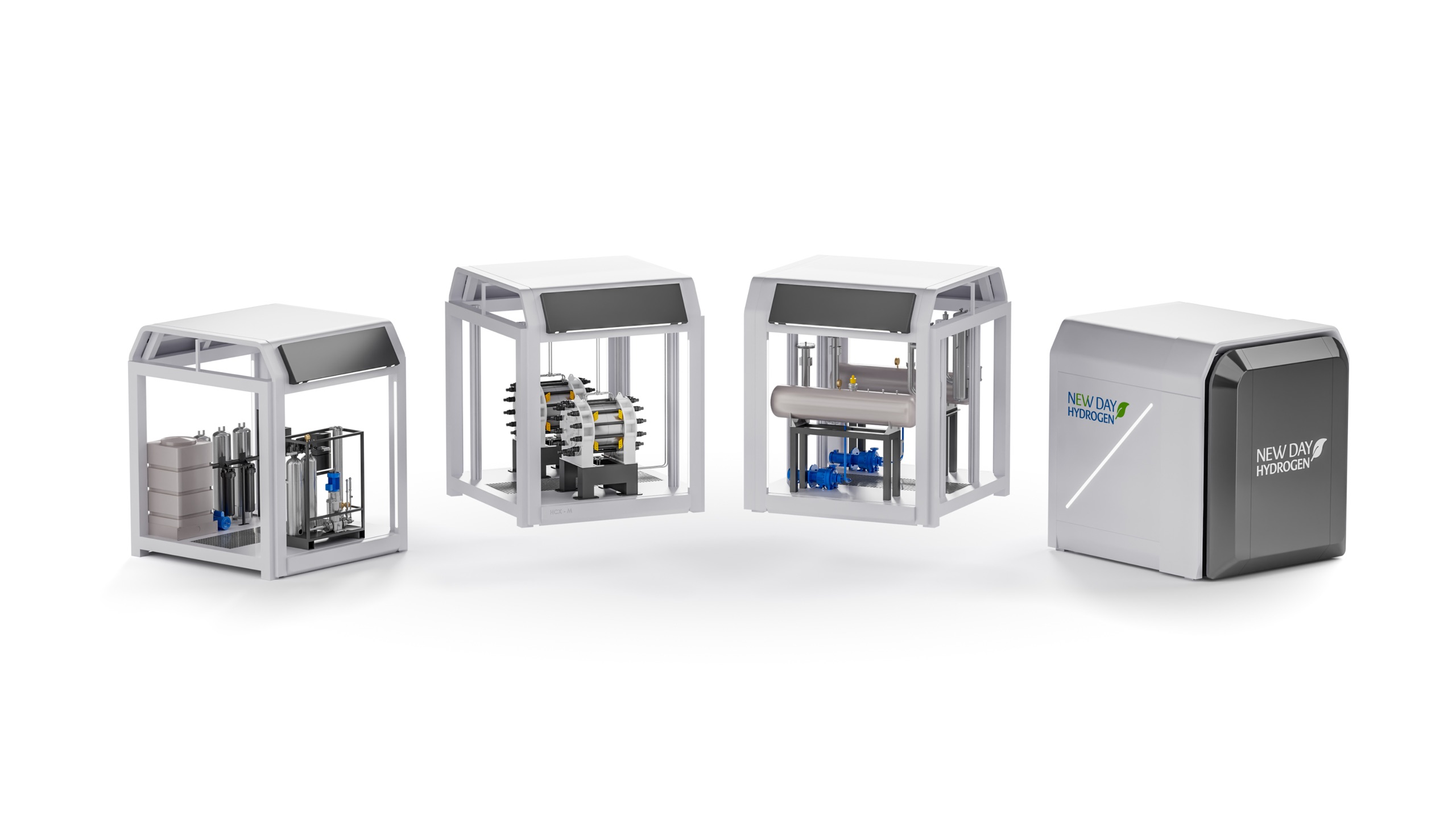 Four HubStarter modules: water treatment, electrolyzer, compression, and storage